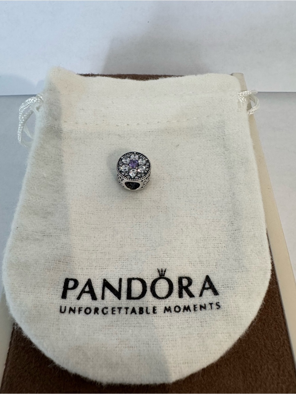 Pandora Sterling Silver Floral Charm with Purple Center Stone-New - Picture 5 of 7